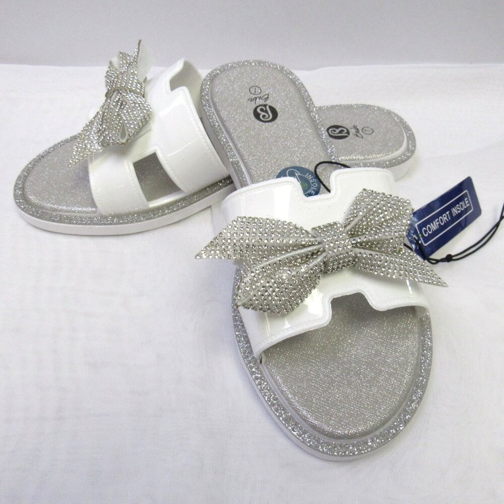 Silver & WhiteEmbellished Bow Design Dressy Summer Sandals Slides